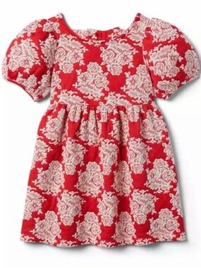 Janie and Jack Red Floral Puff-Sleeve Dress with Cream Pattern